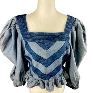 Anthropologie Love The Label Top XL Chambray Chevron Blue Smock Peasant Denim